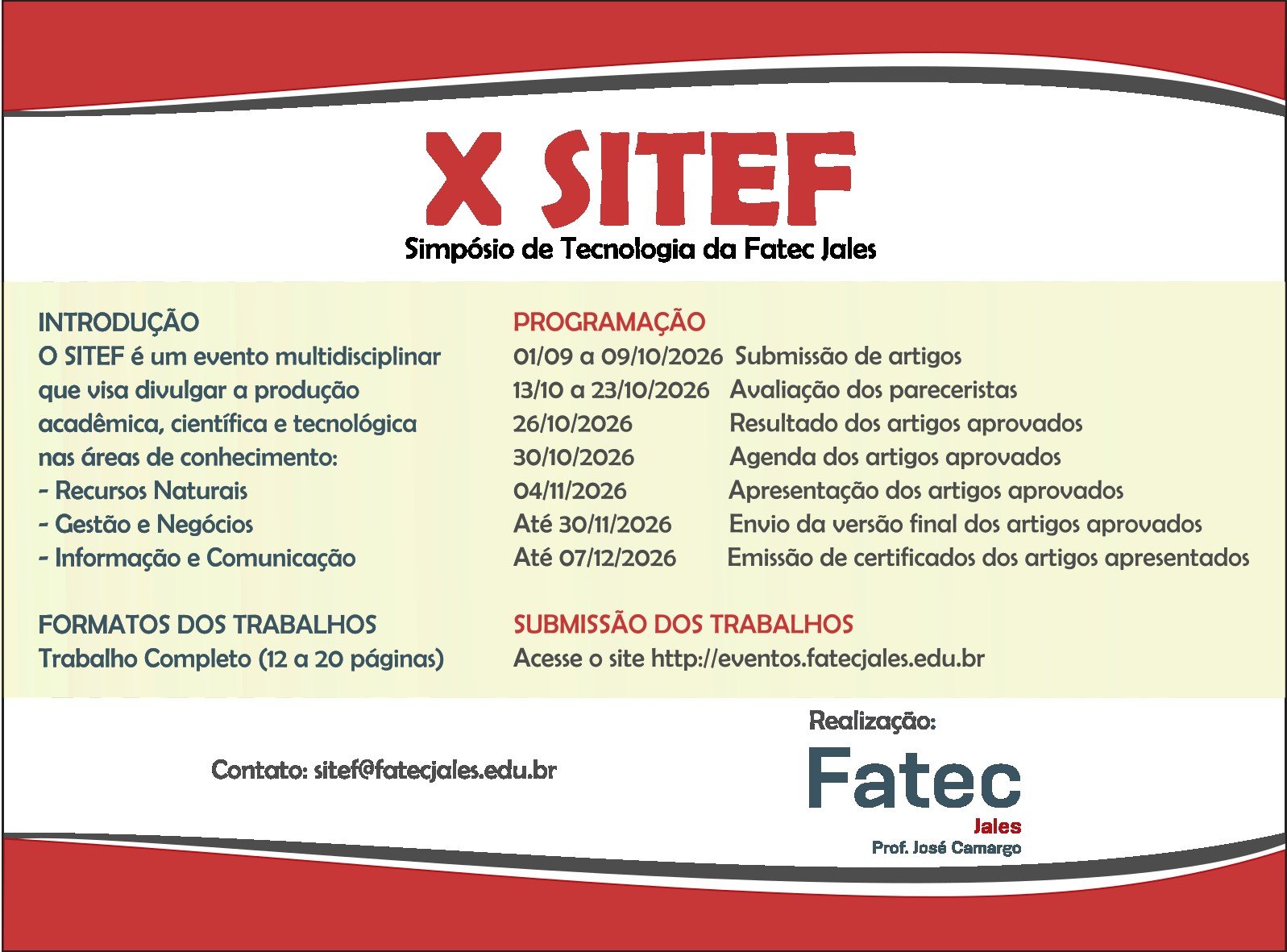 X SITEF — Simpósio de Tecnologia da Fatec Jales. Submissão de artigos de 1º de setembro a 9 de outubro de 2026.